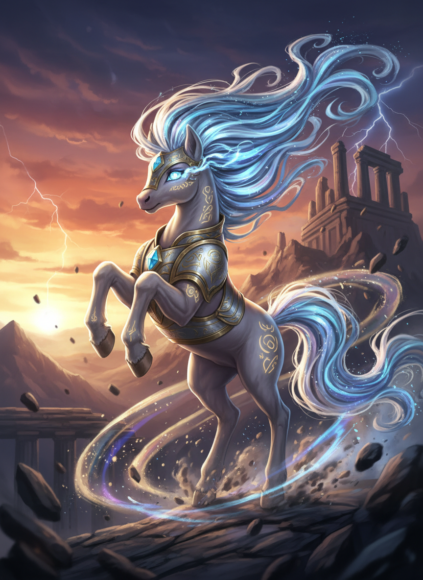 A heroic pony character with glowing eyes, flowing mane, dynamic pose, anime fantasy style, dramatic lighting, action scene