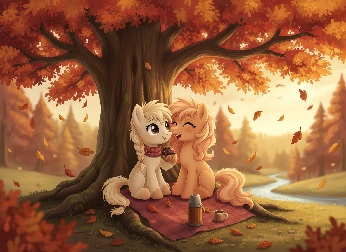 Two cute pony friends sitting together under a tree, sharing a cupcake, autumn leaves falling, warm colors, soft cartoon style, wholesome and cozy