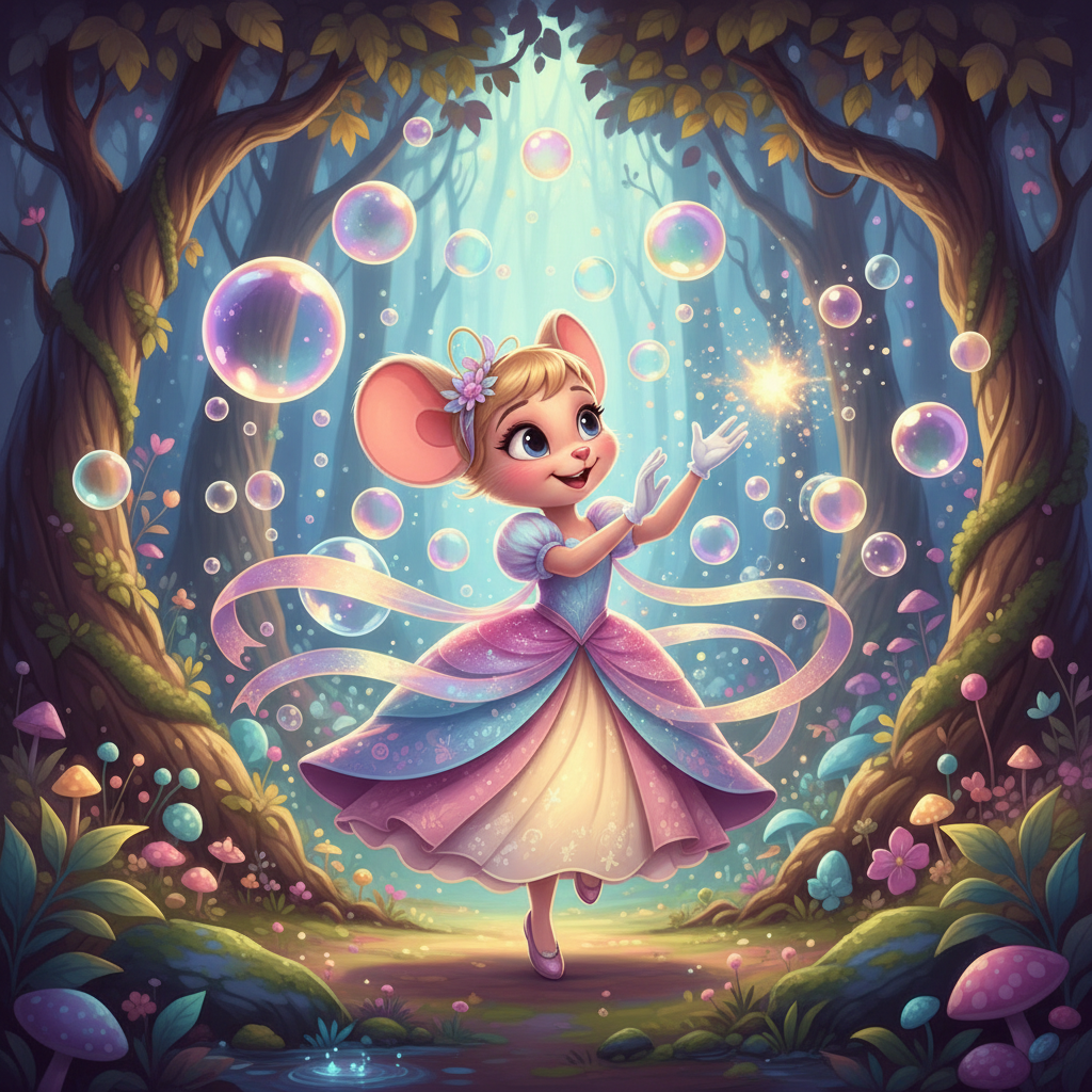 A cute mouse girl in a pastel dress, smiling and playing with glowing bubbles in a magical forest, soft lighting, playful, high-quality cartoon style
