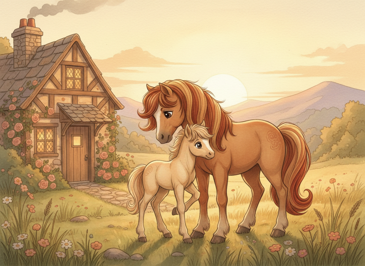 A pony mother and child hugging near a cozy cottage, sunset lighting, warm tones, storybook illustration, soft and emotional