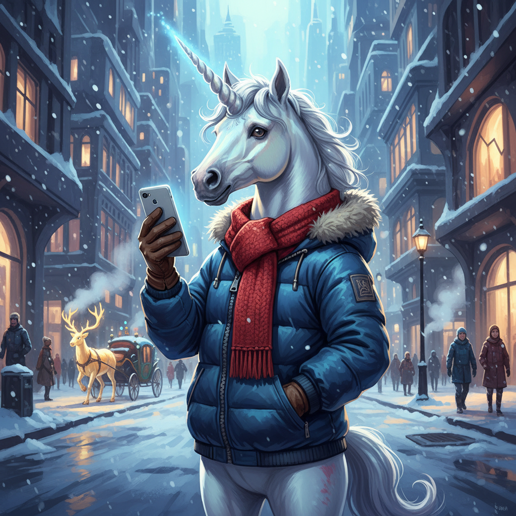 A unicorn character wearing a winter jacket and scarf, holding a phone, standing in a snowy city street, modern fantasy style, detailed illustration